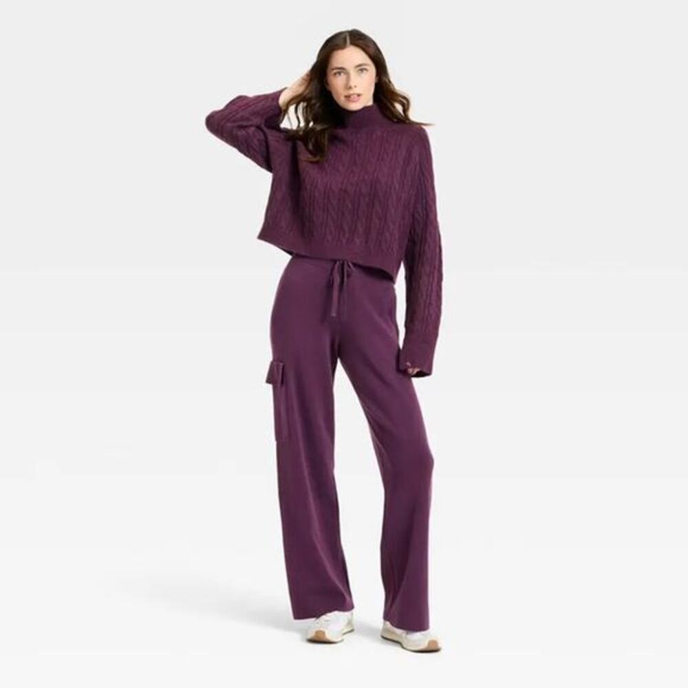 JoyLab Mock Neck Cable Knit Sweater Medium Plum Purple Cropped Pullover NWOT